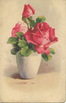 M&B 2624 1 vase blanc avec 3 roses roses, 1 bouton vert