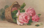 M&B 1934 Panier avec 4 roses rose, 1 bouton rouge, 1 vert
