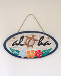 ハワイアン112　壁かざり　ALOHA　オーバル白紺　350×175　¥2,000