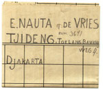 Briefje verstuurd door Sikke Nauta  op 09-09-1945 vanuit het kamp Tjimahi 6  aan Egberdina Nauta - de Vries in kamp Tjideng.