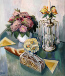 Stillleben mit Blumen und Brot, 60 x 70 cm, Öl auf Leinwand
