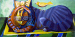 Katze und Vogel, 70 x 35 cm, Acryl auf Leinwand, /verkauft /