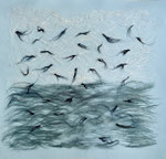 "Fliegen für die Fische" | Flachscollage | 60 x 50 cm | 2025