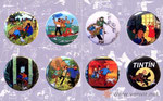 Chapas de 30mm para colgar de las portadas de los comics número 17 al 23 y uno extra de las Aventuras de Tintín.