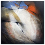 Peinture contemporaine d’Étienne Gros mêlant formes abstraites et évocations corporelles, aux nuances de blanc, ocre, bleu et rouge — œuvre sensuelle jouant sur la lumière, la matière et la chair, Galerie Gabel.