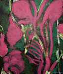 Peinture abstraite de Patrick Baillet aux dominantes de rose et de vert, mêlant formes végétales et gestuelles expressives — œuvre vibrante où la couleur devient matière et énergie, Galerie Gabel.