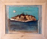 Ch. Pâris Montech, LA VILLE AU LOIN, 2002, bois flottés, métal récup', carton, 55x65 cm., coll. de l'artiste