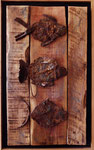 Ch. Pâris Montech, LES TROIS FRERES I, 2003, métal récup' sur bois flotté, 67x42 cm.