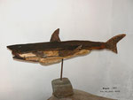 Ch. Pâris Montech, LE REQUIN, 2003, bois flotté, métal récup', socle granit, 35x25x56 cm.