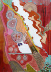 "TERRES ROUGES ET FILETS D’EAU"  Acrylique, collage, pastel sec et peinture vitrail sur carton, 28 x 38 cm, 2013 - 150 euros 