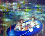 Blaues Schlauchboot 95 cm x 120,5 cm   Acryl, Öl auf Verbundplatte