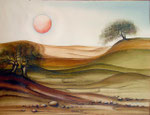 Landschaft mit Sonne, Aquarell 1983, 39x29cm, verkauft