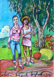 Zwei Touristinnen unter Mangobaum, La Réunion, 20X30cm, Artist Pen, Buntstift auf  Papier
