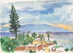 Sicht von Los Gigantes auf La Gomera, Kanarische Insel,  21X30cm, Aquarell, Tintenroller auf Papier