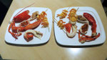 1/2 homard brochette de crevette, rillettes d'ormeaux, corail d'oursin