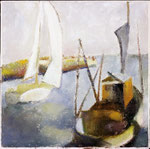 Fischerboote 1975, Öl auf Leinwand, gerahmt, 42x42cm