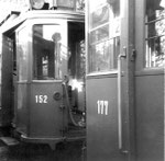 Zwei Trammotorwagen Be 2/2 Nr. 152 und Nr. 177 in der grosszügigen Abstellanlage Eglisee, 1971