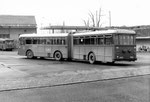 Der Gelenk-Trolleybus Nr.905 vor der BVB-Bus-Garage Rankhof, 1970