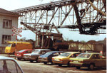 Rheinische Güterumschlags AG (ehem.Kohlenumschlags) Renovation des Krans, daher neben der Kranbahn stehend, 1979