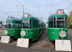 Hintere Ansicht der DÜWAG-Trammotorwagen Nr.642, 645 und 647 vor dem Depot Dreispitz, Oktober 2015  (DÜWAG = DÜsseldorf WAGgon)