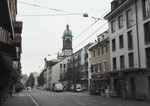Die Klybeckstrasse mit Blick Richtung Bläsiring und Josephskirche 2018. Im kleinen Eckhaus war bis in die 90er-Jahre die hervorragende Bäckerei Gueng.