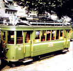 Der Trammotorwagen Be 2/2 Nr. 173 der Linie 2 in der Abstellanlage an der Endstation Kleinhüningen, 1970