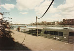 Das Passagierschiff «MS URSULA» mit Blick gegen die Johanniterbrücke und das Kleinbasel, im Hintergrund der St.Johann-Hafen, 1975