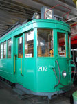 Nahaufname des Trammotorwagen Be 2/2 Nr.202 im Verkehrshaus, 2015 