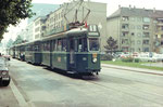 Ein Tramzug der Serie Be 4/4 Nr.4 24 in der Horburgstrasse die Haltestelle Lagerhaus anfahrend, 1970