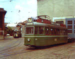 Der Ultraleichte Trammotorwagen Be 4/4 Nr.251 mit dem Übernamen «Bugatti» auf der Linie 7  vor der BVB-Werkstätte Klybeckstrasse 1972