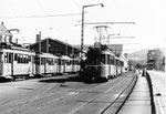 Ein Tramzug mit Motorwagen Be 2/2 Nr.165 auf der Linie 11 beim Depot Dreispitz, 1970