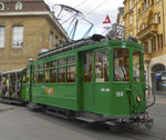Hundert Jahre Tram nach St.Jakob. Motorwagen Be 2/2 Nr.156 und der Sommerwagen C2 Nr.281 auf der Linie 22 die Haltestelle Schifflände verlassend, 2016