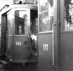 Die Trammotorwagen Be 2/2 Nr. 152 und Nr. 177 in der Abstellanlage Eglisee Oktober, 1971