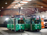 Blick ins Depot Dreispitz mit den DüUWAG-Trammotorwagen Nr.628 und 655, Oktober 2015 (das wäre der ideale Platz für ein Trammuseum)