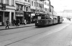 Tramzug Be 4/6 Nr. 618 DÜWAG auf der Linie 6 in der Greifengasse, 1969  (DÜWAG = DÜsseldorf WAGgon) Dank einem positiven Ausgang in einer Volksabstimmung wurden die DÜWAG-Trammotorwagen angeschafft!