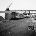 Die Kohlenumschlags-Reederei «Oberrhein AG» im unteren Teil des Hafenbeckens 1 im Jahre 1960. Dieser Kran hatte beim Kranführer-Personal den Übernahmen «Guschti-Kran».