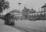 Der Trammotorwagen Be 2/2 Nr.56 der Lörracher Linie 6 vor dem Bahnhof in Lörrach, 1960