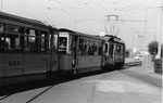 Ein Tramzug der BEB (Bisseck-Bahn) die Haltestelle Dreispitz verlassend, 1969