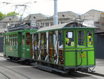 Hundert Jahre Tram nach St.Jakob. Motorwagen Be 2/2 Nr.156 und der Sommerwagen C2 Nr.281 auf der Linie 22 die Haltestelle St.Jakob verlassend, 2016