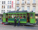 Der Trammotorwagen Be2/2 Nr. 163 mit Lyrabügel an der Haltestelle Stadttheater als Fasnachts-Comite-Unterkunft 2018 