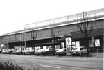 Muba-Halle 6 (ehem.Sporthalle mit beliebter Radrennbahn!) mit dem ehemaligen Restaurant Fryburgerstübli am Riehenring, 1980