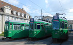 Die Trammotorwagen Be 4/4 Nr.473 und Nr.469 und der Anhängewagen B4 Nr.1455 vor dem Depot Dreispitz, September 2016