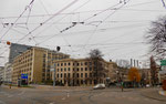 Die Kreuzung Klybeckstrasse/Horburgstrasse/Dreirosenbrücke mit den Gebäuden der Novartis (früher CIBA und Ciba-Geigy), 2016