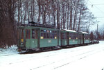 Ein schönes Winterbild des Trammotorwagens Be 2/2 Nr. 161 mit einem Anhängewagen auf dem Abstellgeleise Eglisee im Winter 1972