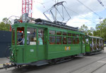 Hundert Jahre Tram nach St.Jakob. Motorwagen Be 2/2 Nr.156 und der Sommerwagen C2 Nr.281 auf der Linie 22 an der Haltestelle St.Jakob, 2016