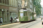 Trammotorwagen Be 4/4 Nr.408 auf der Linie 4 Klybeckstrasse beim Fahrradgeschäft Paul Chabeau, 1970