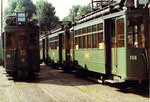 Drei Trammotorwagen Be 2/2 Nr. 151, 156, 178 in der Abstellanlage an der Endstation in Kleinhüningen, 1972