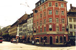 Das Eckhaus Claraplatz/Rebgasse mit dem Eckhaus derVolksbank mit Blick in die Rebgasse, 1980