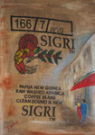 weil wir es uns wert sind - oder - kauft deutsche Bananen, Acryl auf Kaffesack ,Keilrahmen 70x100 cm, 380 Euro