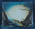 Der Mond, Menschen betrachtend . Acryl und Resin auf Spiegel 50x60 auf Träger 60x70, vergeben 